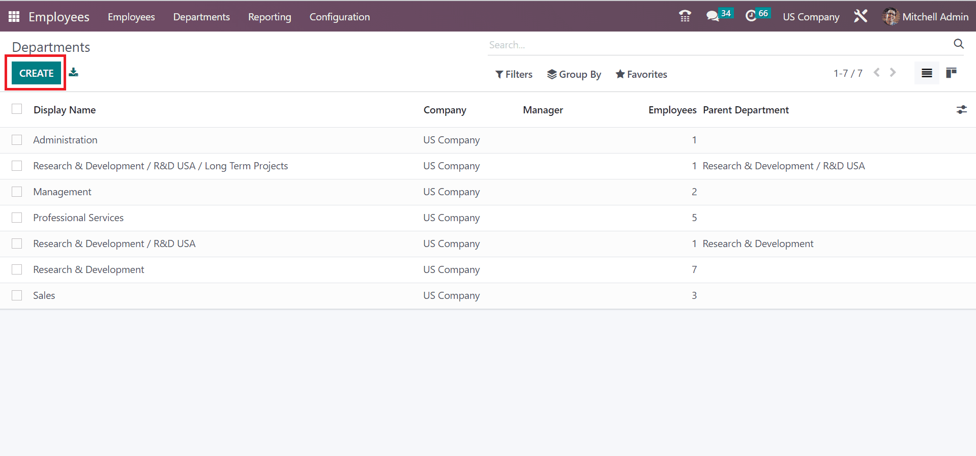 The New Department Form in the Odoo 16 Employees Module