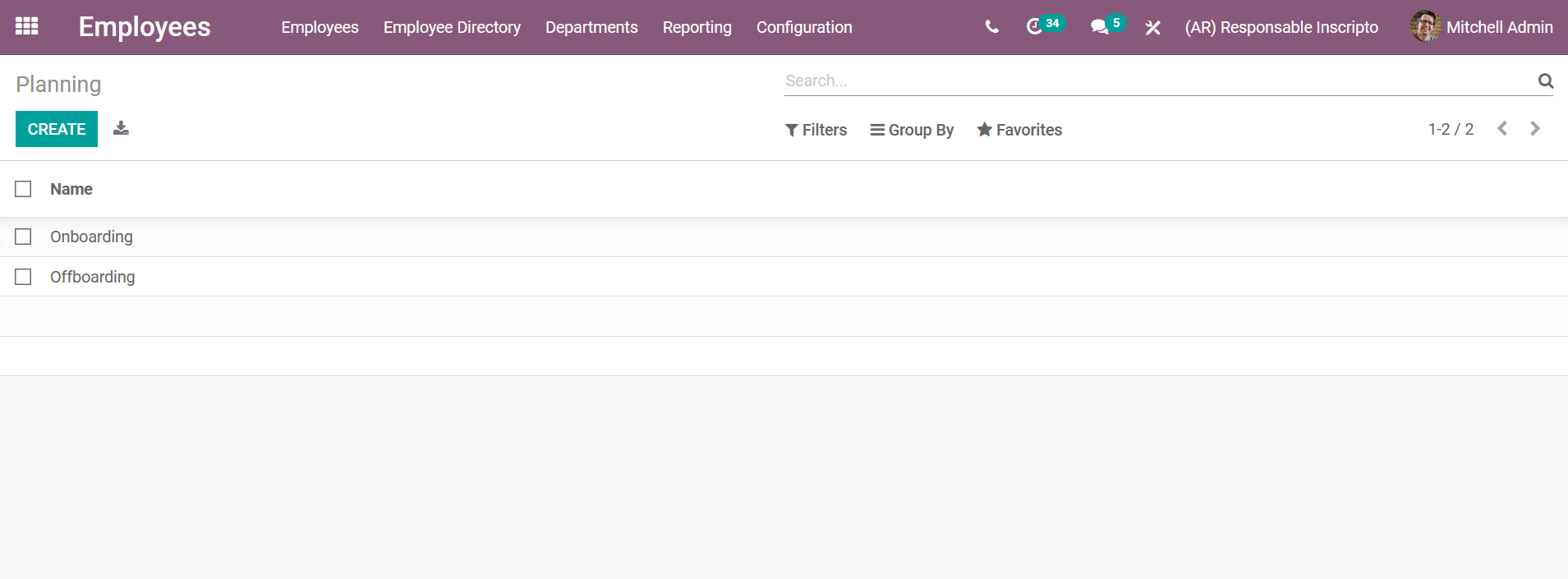Overview of the Onboarding and Offboarding Plans Page in the Odoo Employees Module